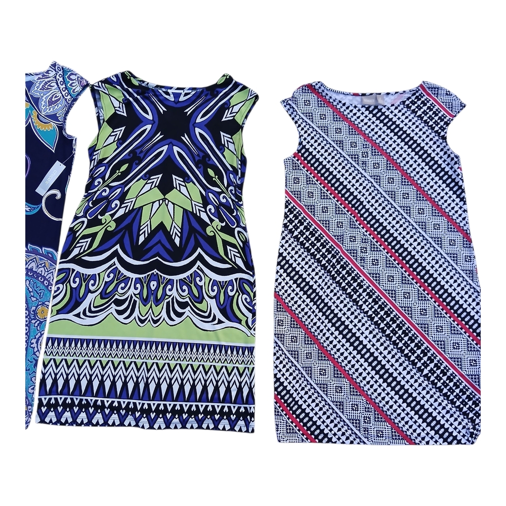 5 Chico’s Dress Sleeveless Slinky Midi Short Iona Casual Allover Print Vibrant 1 - Picture 16 of 16